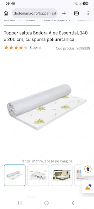 Topper saltea Bedora Aloe Essential, 140 x 190 cm, cu spuma poliuretanica